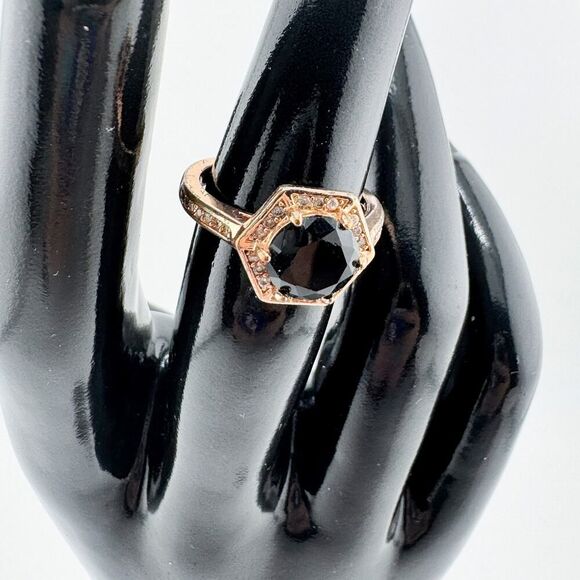Vintage Hexagon Black Clear Rhinestone Ring Gatsby Glamour Retro Statement - Picture 7 of 10